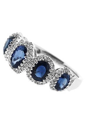 5 Stone Sapphire Ring with Diamond Halos on Each in 18K White Gold