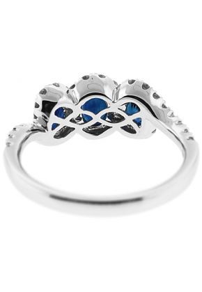 3 Stone Sapphire Twist Ring Surrounded by Diamond Rounds in 18K White Gold