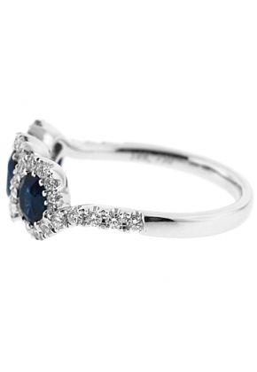 3 Stone Sapphire Twist Ring Surrounded by Diamond Rounds in 18K White Gold