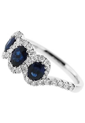 3 Stone Sapphire Twist Ring Surrounded by Diamond Rounds in 18K White Gold