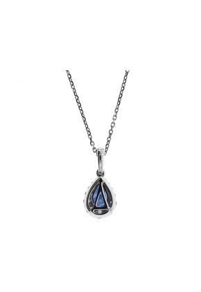 Drop Shaped Sapphire Pendant with Graduated Halo of Diamond Rounds Set in 18K White Gold