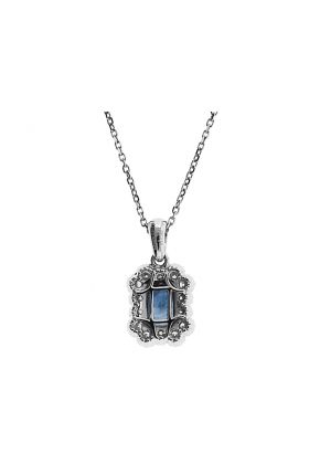 Sapphire Pendant Bordered with Diamond Rounds and Beaded Milgrain in 18K White Gold