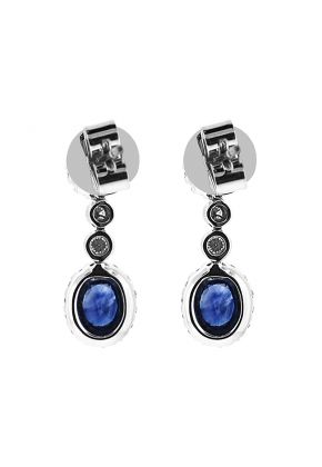 Dangling Sapphire Earrings with Prong Set Diamond Halos and Bezel Set Diamond Rounds in 18K White Gold