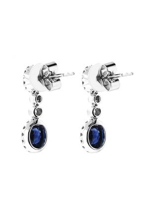 Dangling Sapphire Earrings with Prong Set Diamond Halos and Bezel Set Diamond Rounds in 18K White Gold
