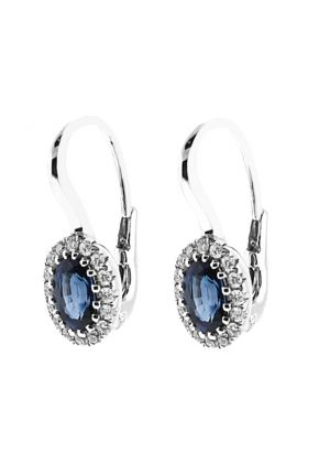 Oval Sapphire Dangling Hook Back Earrings with Diamond Halo in 18K White Gold