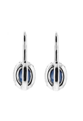 Oval Sapphire Dangling Hook Back Earrings with Diamond Halo in 18K White Gold