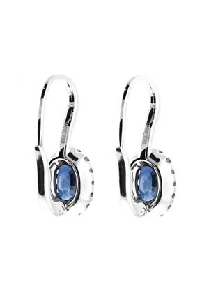Oval Sapphire Dangling Hook Back Earrings with Diamond Halo in 18K White Gold