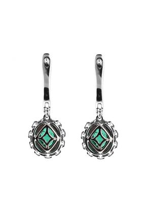 Emerald Dangling Hoop Earrings with Beaded Milgrain and Diamond Halo in 18K White Gold