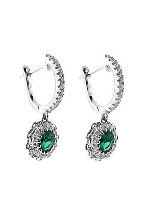Emerald Dangling Hoop Earrings with Beaded Milgrain and Diamond Halo in 18K White Gold