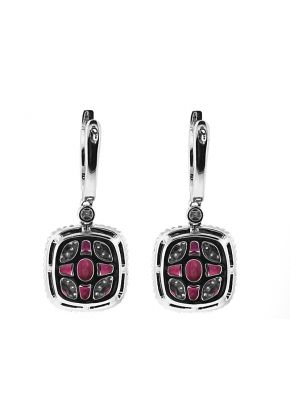 Ruby Dangling Earrings with Diamond Rounds Going Down Post and Bordered w/ Beaded Milgrain in 18K White Gold