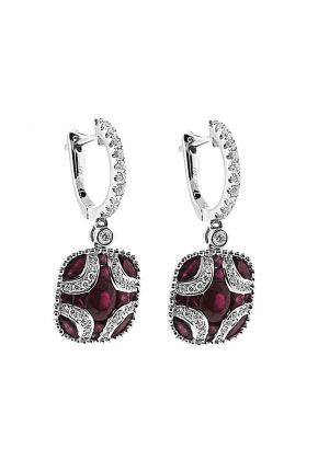 Ruby Dangling Earrings with Diamond Rounds Going Down Post and Bordered w/ Beaded Milgrain in 18K White Gold