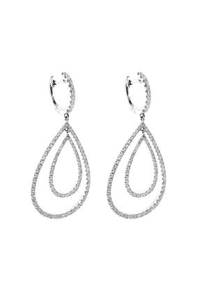 Double Drop Dangling Hoop Earrings with Diamonds Set in 18k White Gold