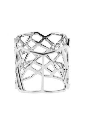 Statement Ring with an Abstract Geometric Design of Diamond Rounds Set in 18K White Gold
