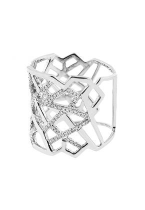 Statement Ring with an Abstract Geometric Design of Diamond Rounds Set in 18K White Gold