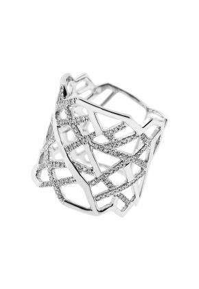 Statement Ring with an Abstract Geometric Design of Diamond Rounds Set in 18K White Gold