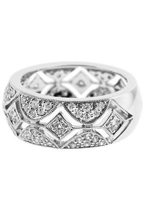 Right Hand Fashion Ring with Beaded Milgrain in Diamond Designs and Diamond Rounds Set in 18K White Gold