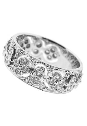 Right Hand Fashion Ring with Bezel Set Diamond Rounds and Beaded Milgrain Design in 18K White Gold