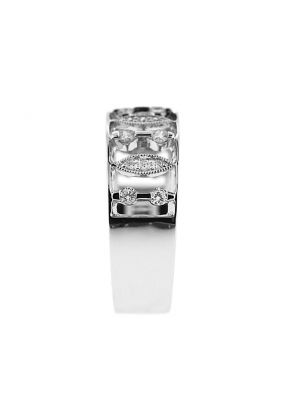 Openwork Ladies Fashion Ring with Diamonds and Beaded Milgrain Design in 18K White Gold