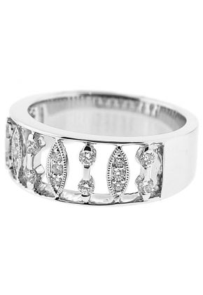 Openwork Ladies Fashion Ring with Diamonds and Beaded Milgrain Design in 18K White Gold