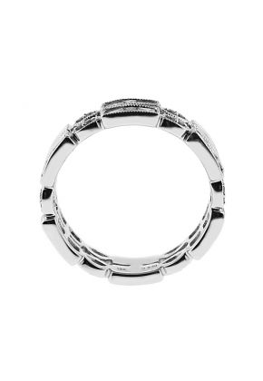 Double Row Eternity Band with Beaded Milgrain Bordering Baguette, Round, and Princess Cut Diamonds in 18k White Gold