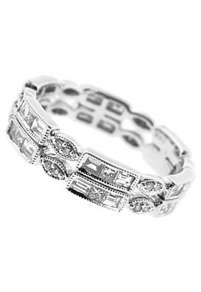 Double Row Eternity Band with Beaded Milgrain Bordering Baguette, Round, and Princess Cut Diamonds in 18k White Gold