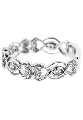 Eternity Band with Braided Milgrain in Heart Designs and Round Diamonds Set in 18k White Gold