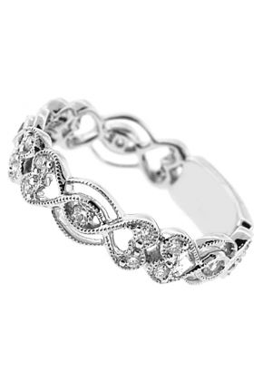 Eternity Band with Braided Milgrain in Heart Designs and Round Diamonds Set in 18k White Gold