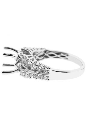 4 Prong Semi-Mount Engagement Ring with a Beaded Milgrain Design and Prong Set Diamonds in 18k White Gold