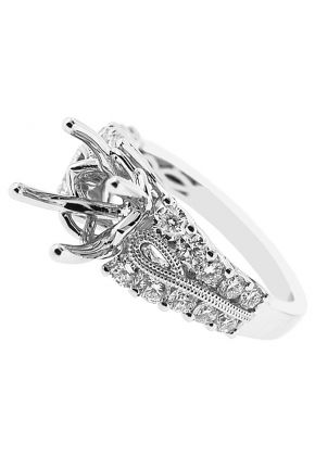 4 Prong Semi-Mount Engagement Ring with a Beaded Milgrain Design and Prong Set Diamonds in 18k White Gold