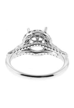 Round Halo Semi-Mount Triple Side Engagement Ring with Beaded Milgrain Design and Diamonds Set in 18k White Gold