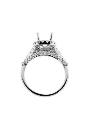 Round Halo Semi-Mount Triple Side Engagement Ring with Beaded Milgrain Design and Diamonds Set in 18k White Gold