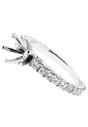 Six-Prong Triple Side Semi-Mount Engagement Ring with Beaded Milgrain and Diamonds Set in 18k White Gold