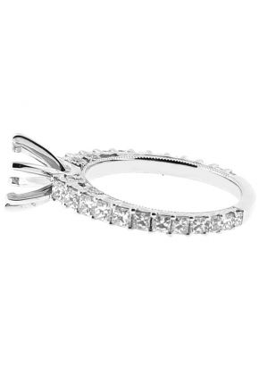 Six-Prong Triple Side Semi-Mount Engagement Ring with Beaded Milgrain and Diamonds Set in 18k White Gold