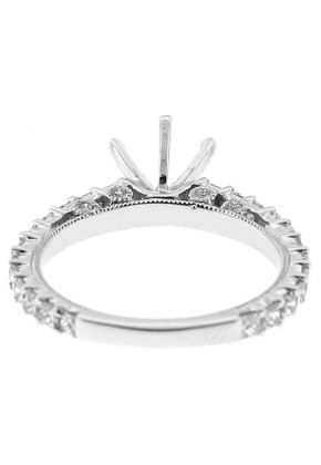 Six-Prong Triple Side Semi-Mount Engagement Ring with Beaded Milgrain and Diamonds Set in 18k White Gold