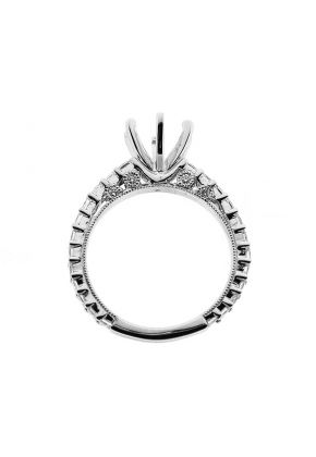 Six-Prong Triple Side Semi-Mount Engagement Ring with Beaded Milgrain and Diamonds Set in 18k White Gold