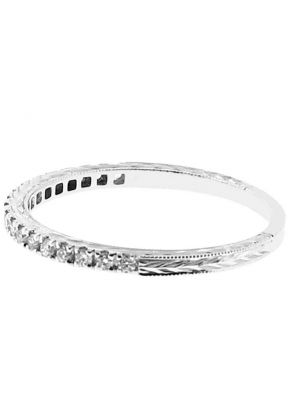 Single Row Triple Side Band with Engraved Design, Beaded Milgrain, and Diamonds Set in 14k White Gold