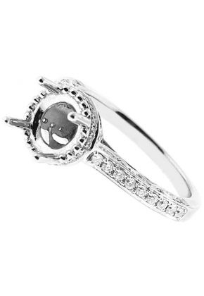 Semi Mount Engagement Ring with Round Halo and Preset Diamonds in 18k White Gold