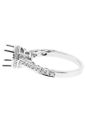 Semi Mount Engagement Ring with Round Halo and Preset Diamonds in 18k White Gold