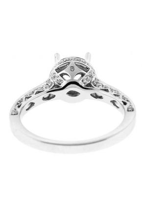 Semi Mount Engagement Ring with Round Halo and Preset Diamonds in 18k White Gold