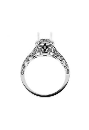 Semi Mount Engagement Ring with Round Halo and Preset Diamonds in 18k White Gold