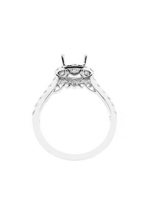 Semi Mount Round Halo Engagement Ring with Filigree Detail and Diamonds Set in 18k White Gold