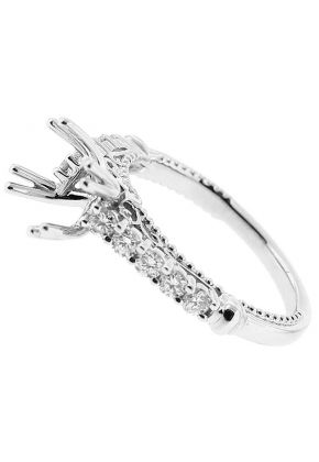 Semi-Mount Filigree Design Engagement Ring with Diamonds and Beaded Milgrain in 18k White Gold