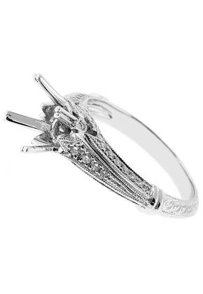 Semi-Mount Knife-Edge Diamond Engagement Ring with Beaded Milgrain and Engraved Shank in 18k White Gold