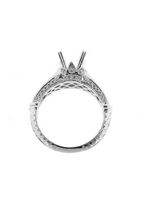 Semi-Mount Knife-Edge Diamond Engagement Ring with Beaded Milgrain and Engraved Shank in 18k White Gold