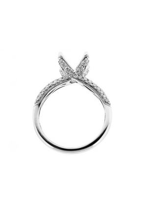 Semi-Mount Milgrain Engraved Wavy Engagement Ring with Pav?? Set Diamonds in 18k White Gold