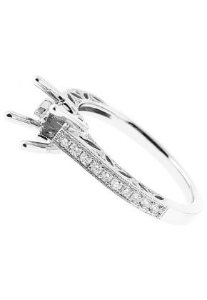 Semi-Mount Triple Side Openwork Engagement Ring with Preset Diamonds Bordered by Beaded Milgrain in 18k White Gold