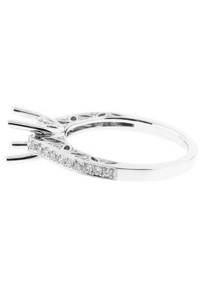 Semi-Mount Triple Side Openwork Engagement Ring with Preset Diamonds Bordered by Beaded Milgrain in 18k White Gold