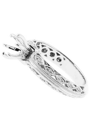 Semi Mount Knife Edge Engagement Ring with Twist Design of Beaded Milgrain and Preset Diamonds in 18k White Gold