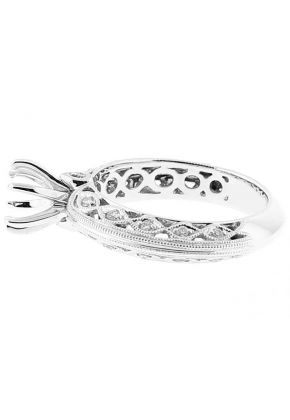 Semi Mount Knife Edge Engagement Ring with Twist Design of Beaded Milgrain and Preset Diamonds in 18k White Gold