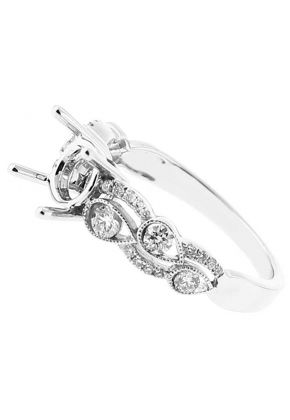 Semi Mount Engagement Ring with Pear Designs of Beaded Milgrain Surrounding Round Diamonds in 18k White Gold
